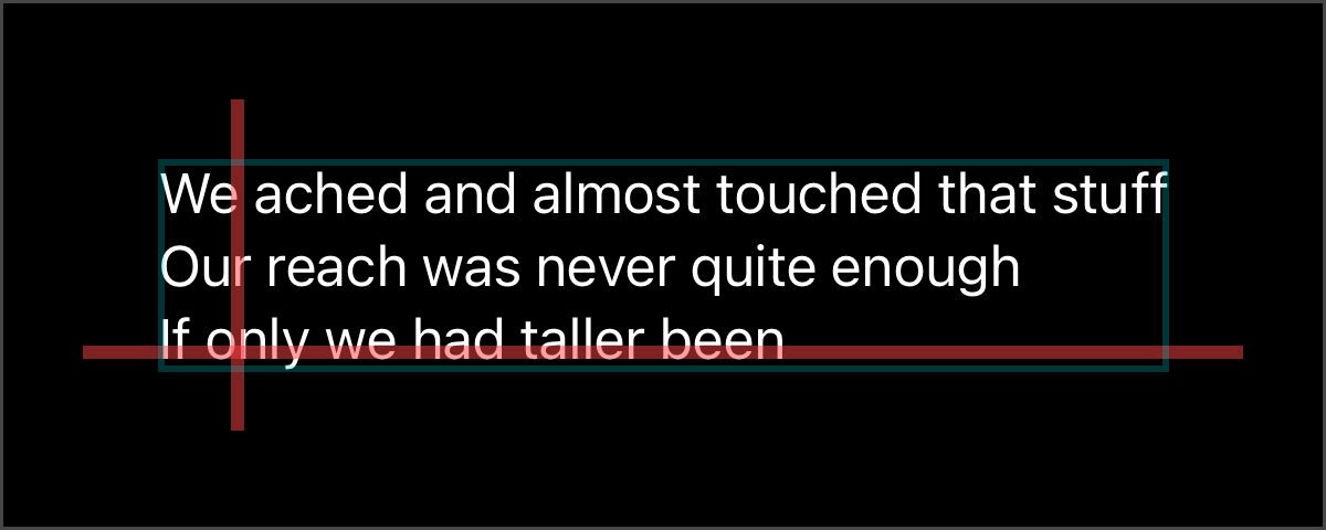 A multiline text with red indicators for its leading and last baseline alignment guides.